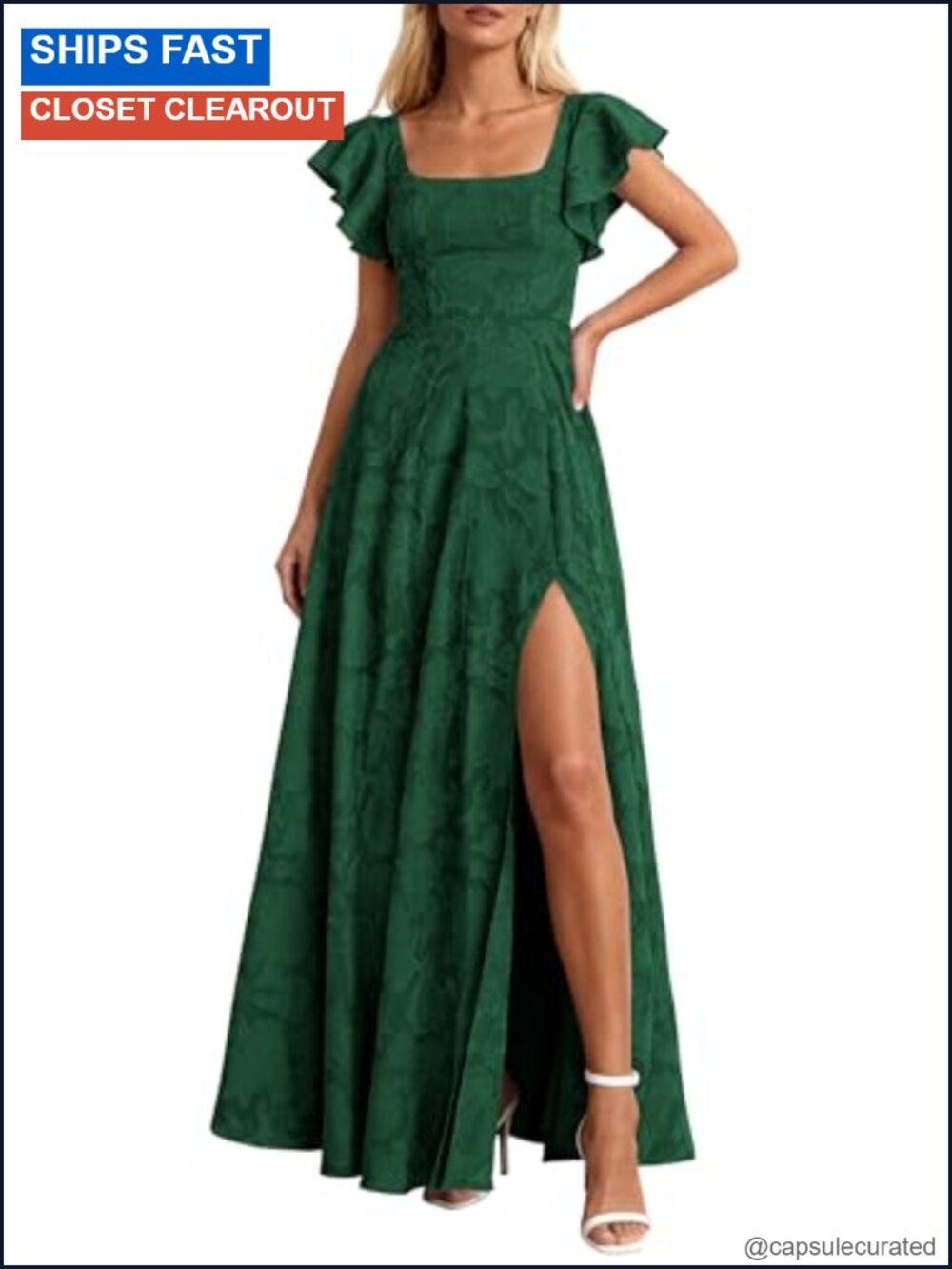 Jacquard Maxi Dress Ruffle Sleeve Square Neck High Slit Wedding Guest